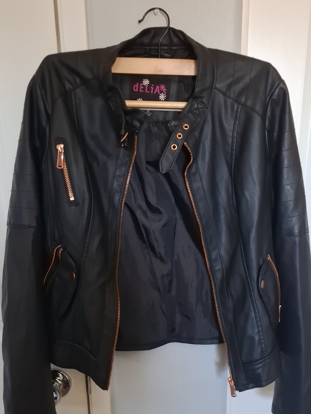 dELiA*s Black Faux Leather Moto Jacket with Rose Gold Hardware